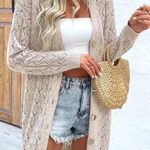 B168 Parchment Hollow Oat Buttons Front Long Cardigan